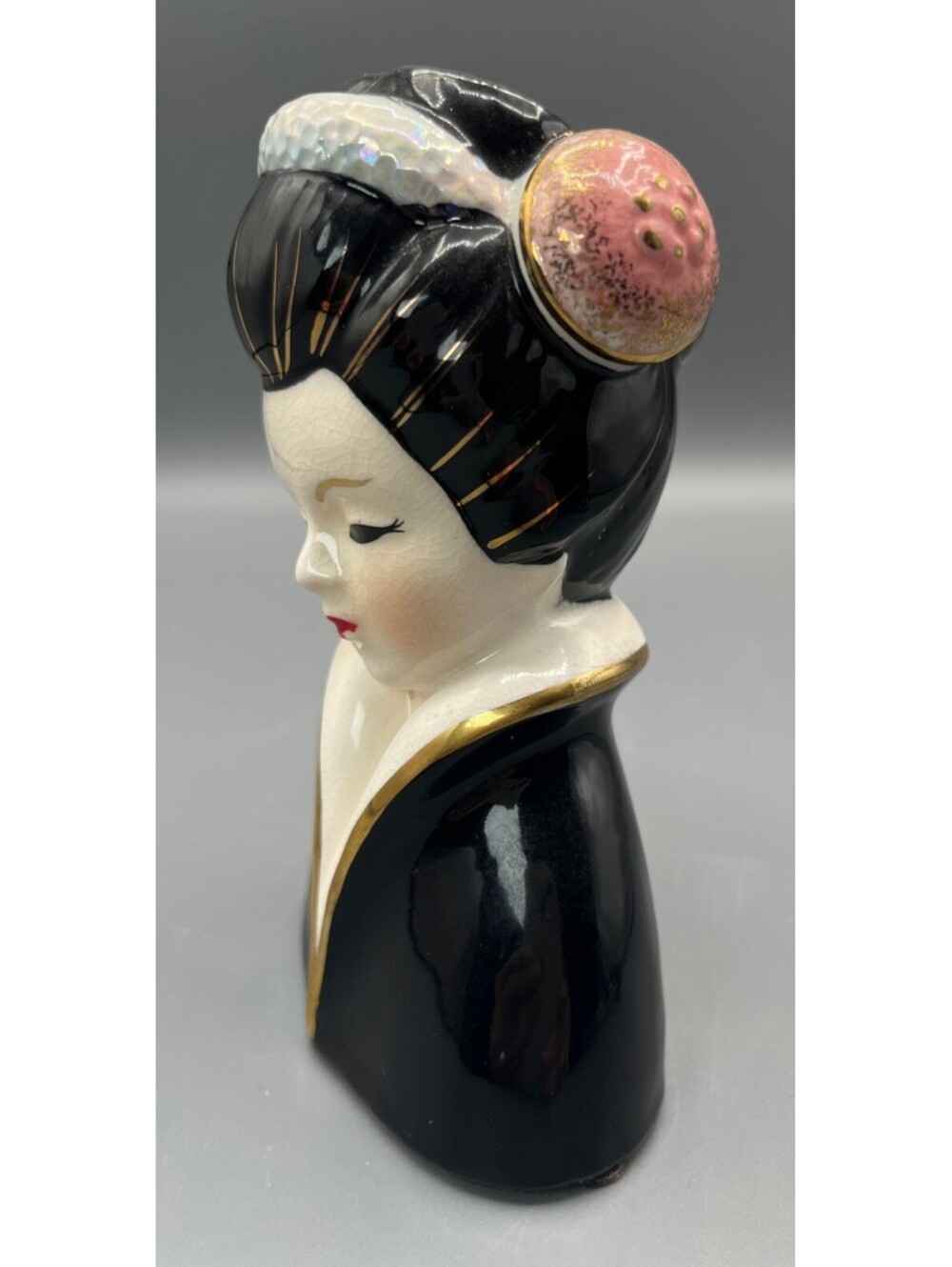 Rare Vintage Japan Geisha Lady Head Vase Black Robe Gold Madame Butterfly MCM - Picture 2 of 11